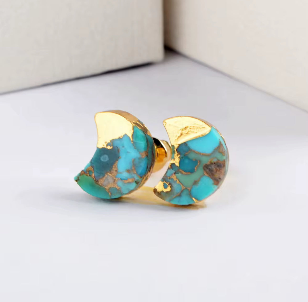 Copper Turquoise Crescent Earrings