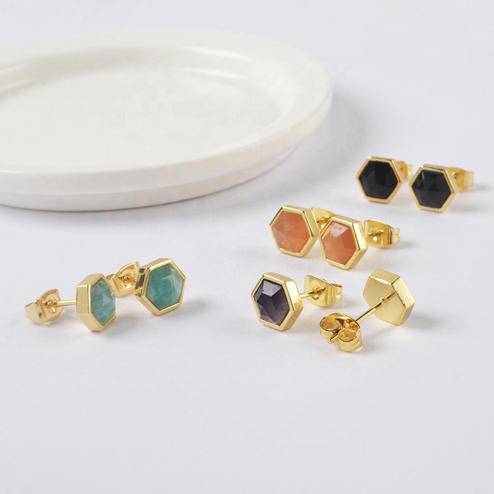 Healing Gemstone Hexagon Stud