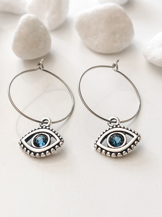Blue Crystal Evil Eye Hoops